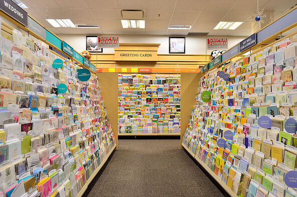 The greeting card aisle of a drugstore
